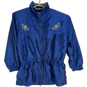 Vintage 80s Floral Embroidered Gold Embroidery Blue Jacket Waist Zip Up Zipper L